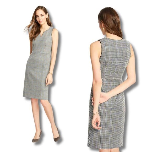 Ann Taylor Dresses & Skirts - Ann Taylor Plaid Knit Sheath Dress 4 - Split Neck, Sleeveless, Office Siren